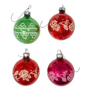 Vintage Shiny Brite Mercury Glass "Rose Vine" Stencil Ornament Balls 2.25” Mica